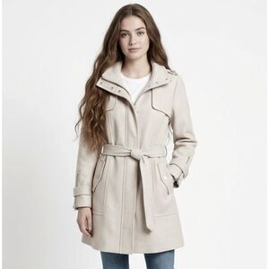 Kenneth Cole NY Wool Blend Belt Trench Beige Coat Jacket Silver Accent SZ 14